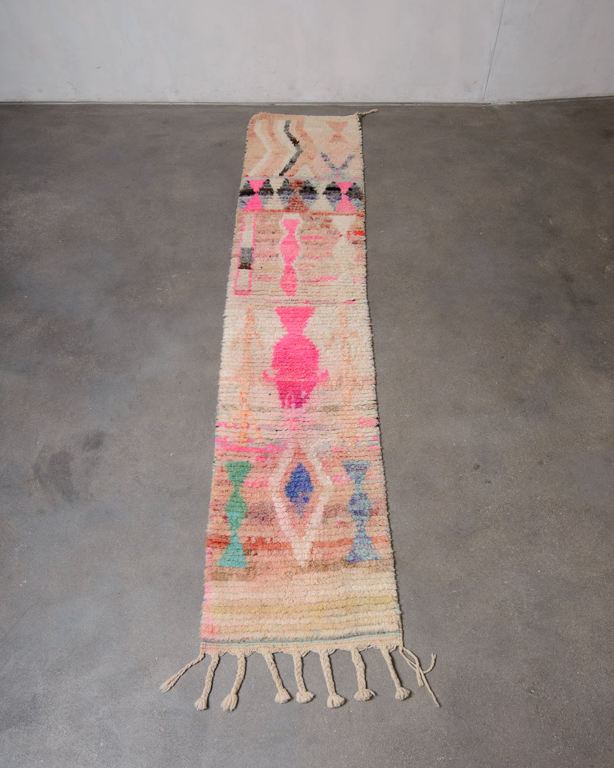 Modern, designer, handcrafted Berber runner rug from Morocco. Vintage carpet with beautiful colours and patterns and fluffy texture.